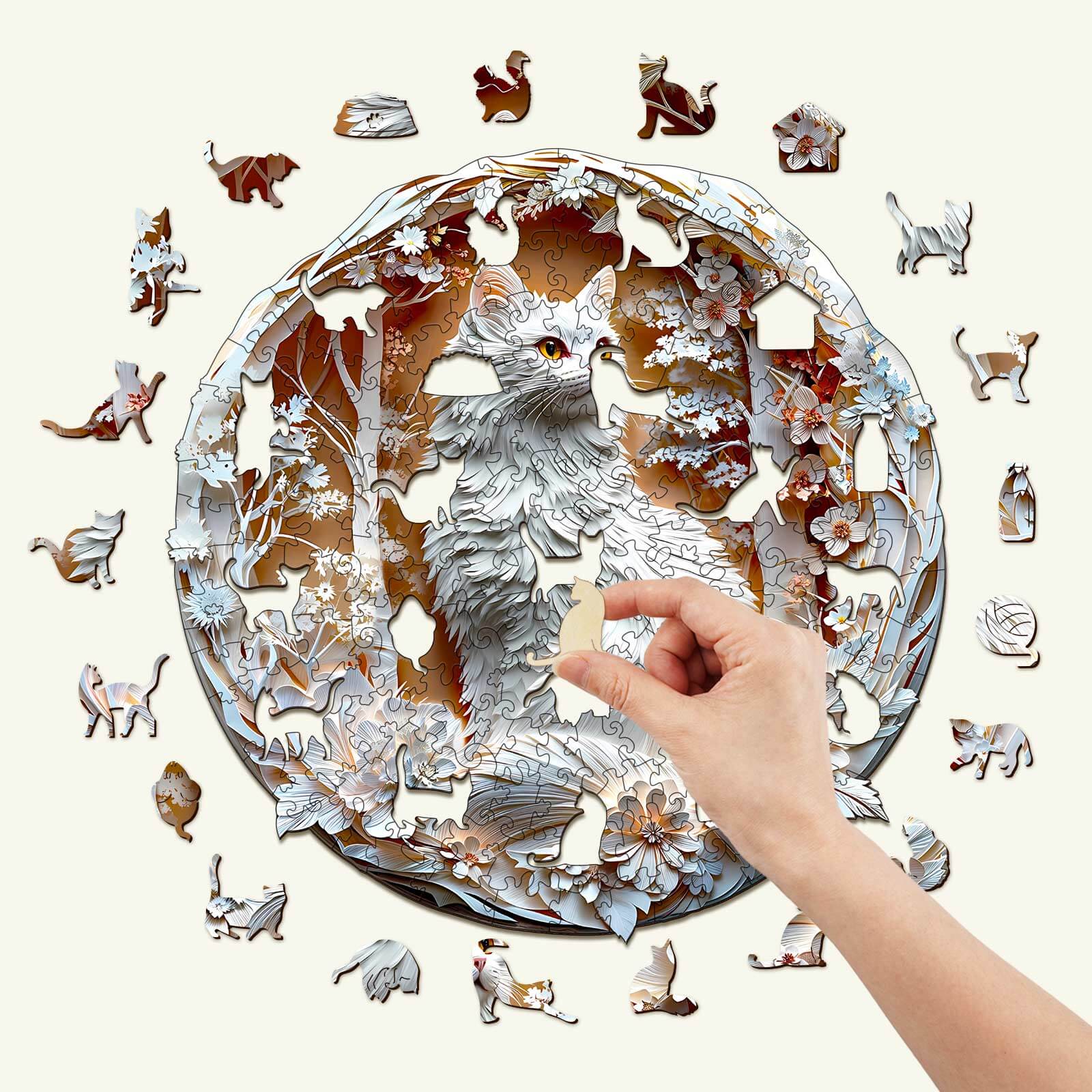 3D Cat-3 wooden jigsaw puzzle featuring a hand placing a piece, enhancing focus and cognitive skills.