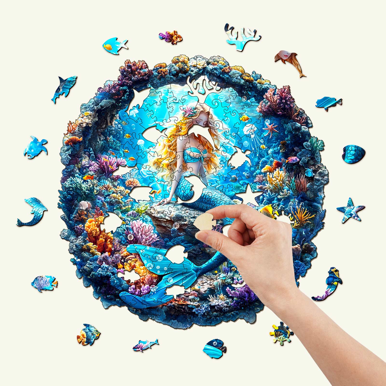 Hand placing a piece in a vibrant 3D Mermaid wooden jigsaw puzzle featuring colorful underwater scenery.