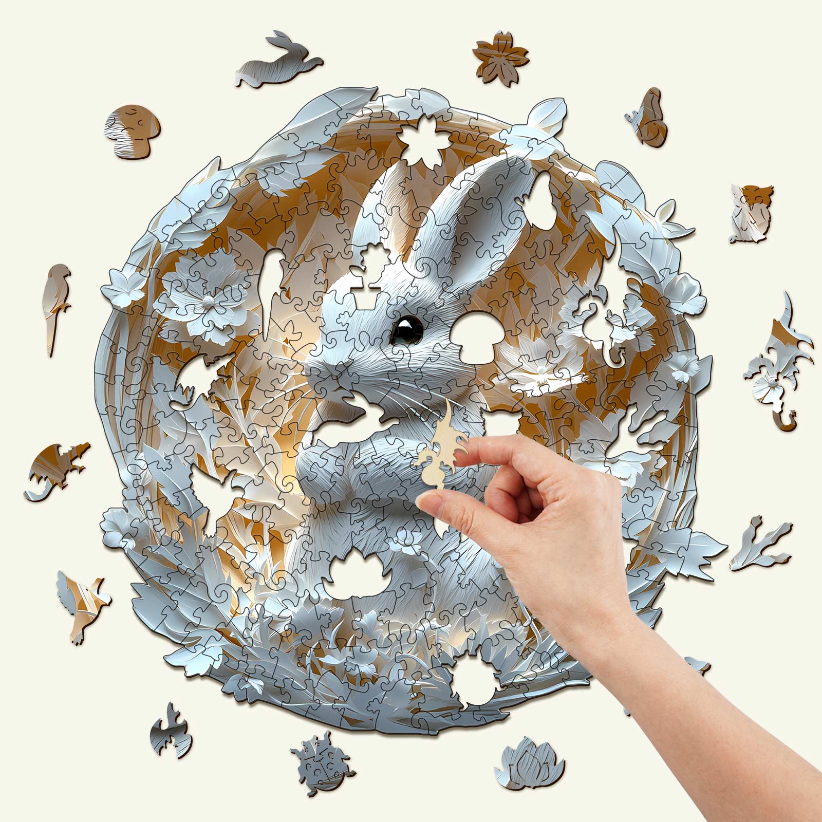 3D Paper Rabbit wooden jigsaw puzzle with a hand placing a piece, showcasing intricate design and focus-enhancing fun.