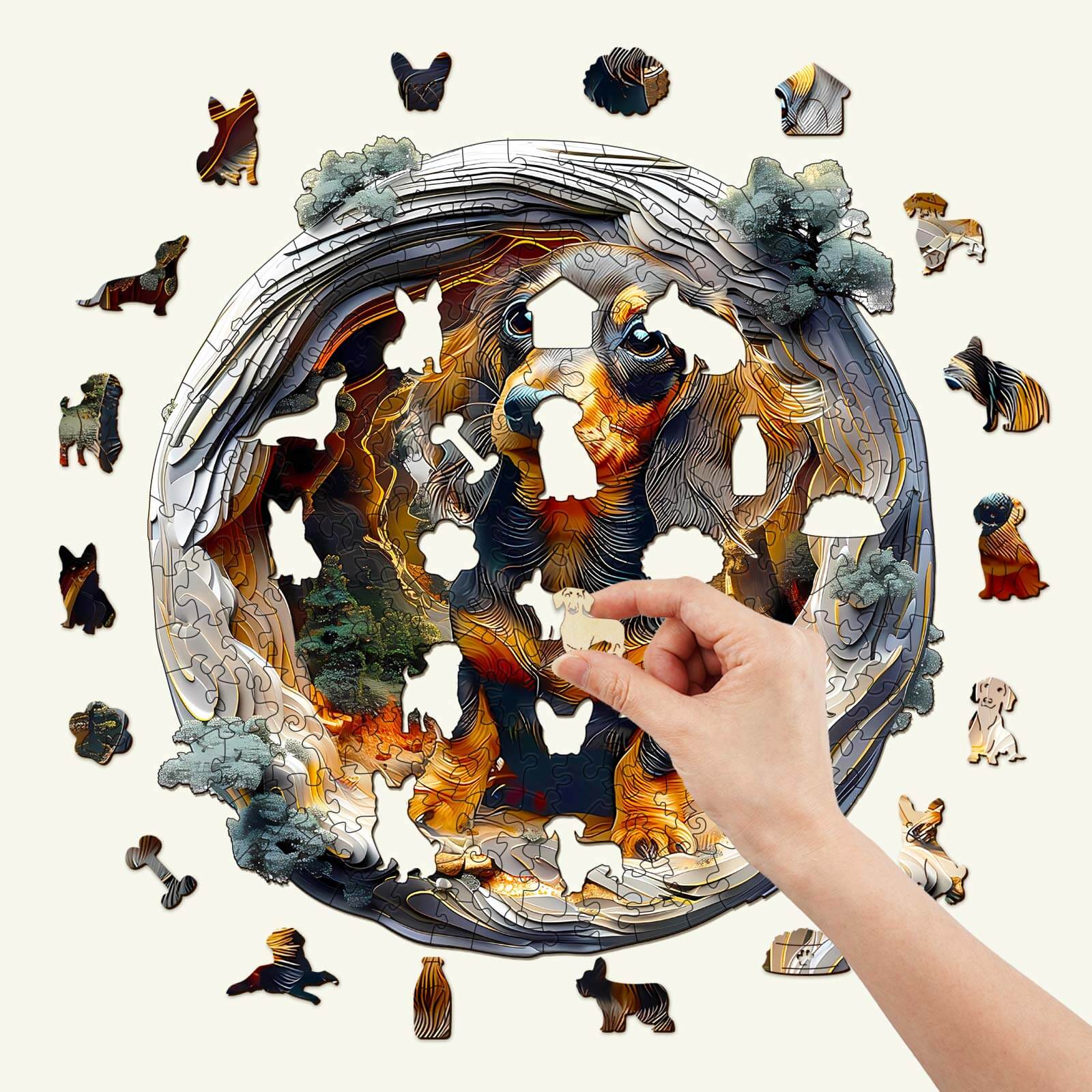 Hand assembling the 3D Dachshund-1 Wooden Jigsaw Puzzle with colorful, whimsical dog-shaped pieces.