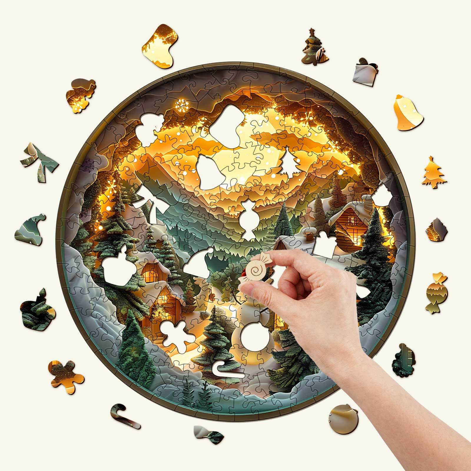 Hand placing a piece in a 3D Christmas Village wooden jigsaw puzzle, surrounded by colorful pieces.