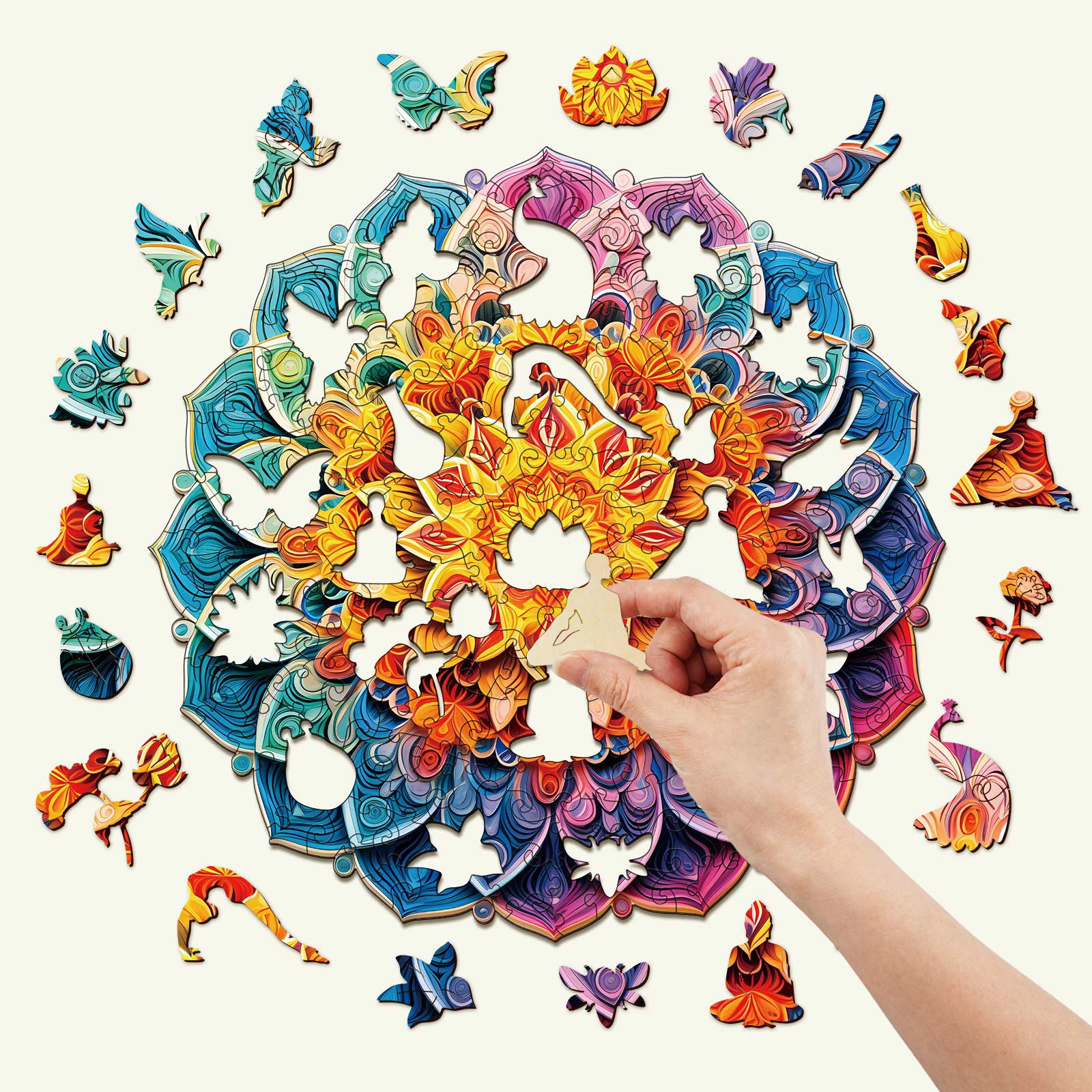 Colorful Mandala Mirror Wooden Jigsaw Puzzle with hand assembling pieces, creating a stunning visual design.
