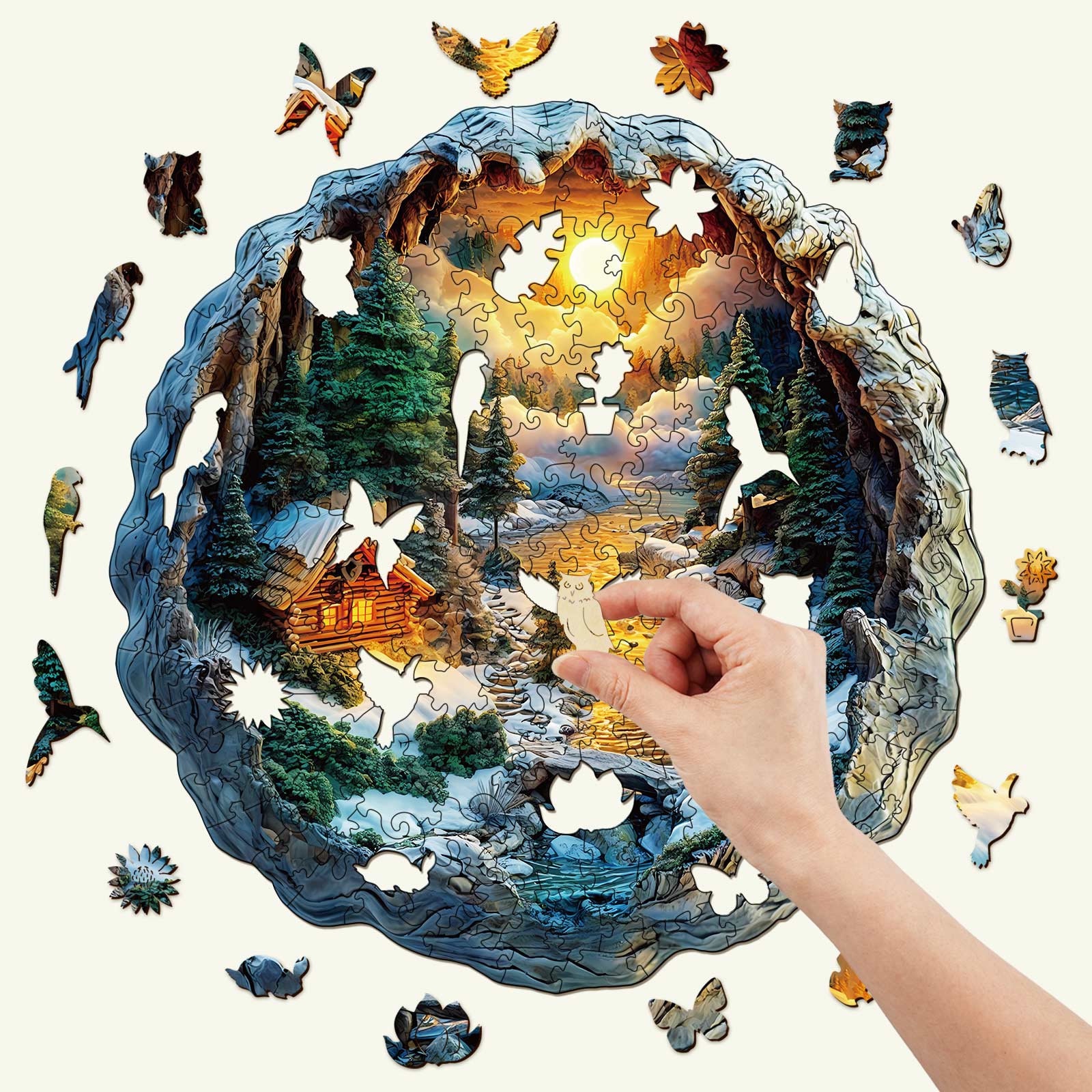 Hand placing a piece in a colorful 3D Winter Scene wooden jigsaw puzzle depicting a cabin among nature.