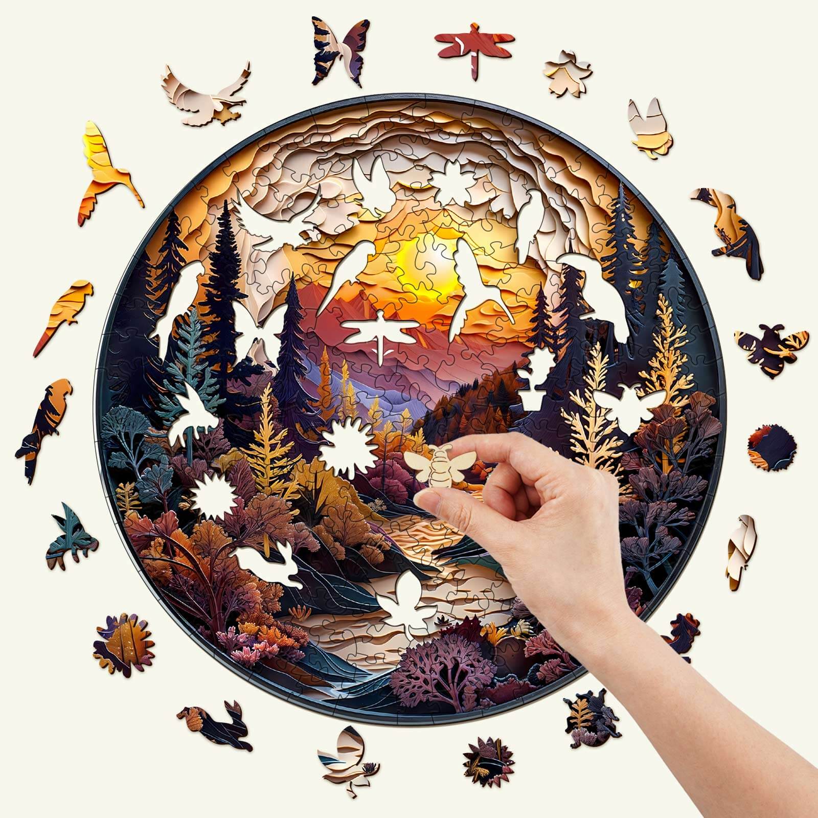 3D Sunset Forest Wooden Jigsaw Puzzle being assembled, showcasing colorful pieces and a beautiful sunset scene.