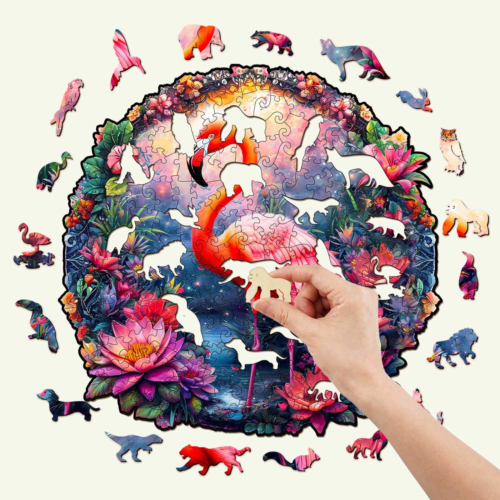 Hand placing a piece in an Elegant Flamingo wooden jigsaw puzzle featuring colorful wildlife and flowers.