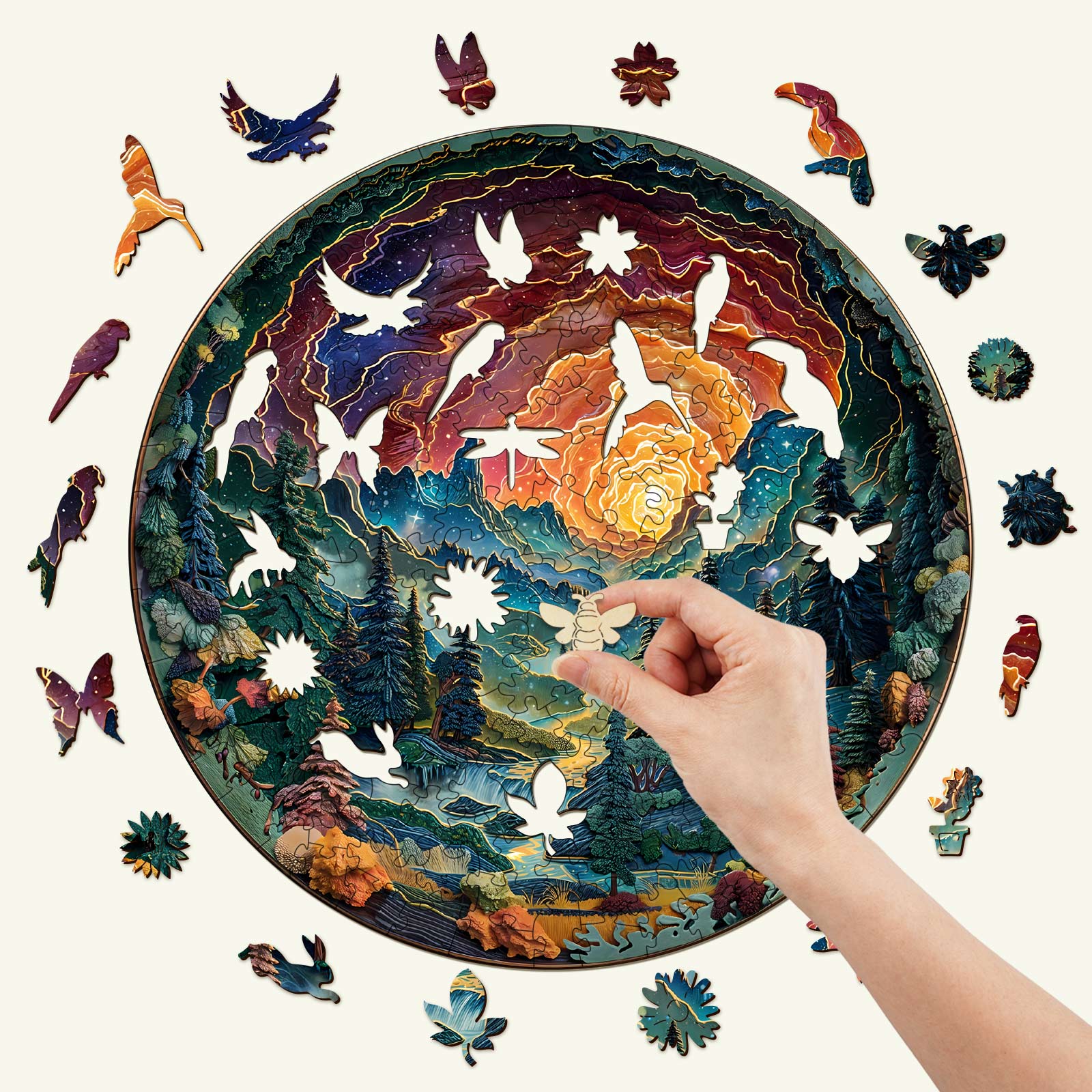 Person placing a piece in a colorful 3D cave sky wooden jigsaw puzzle surrounded by puzzle pieces.