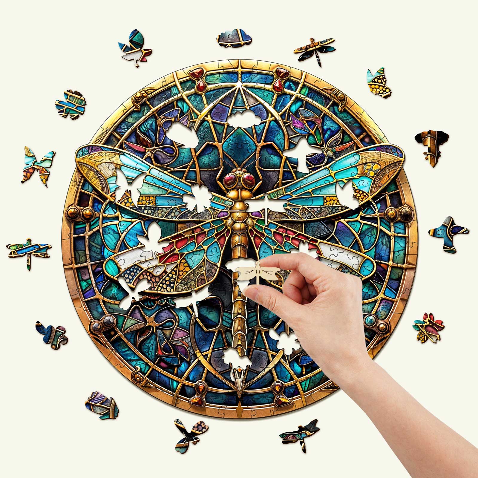 Vintage Dragonfly wooden jigsaw puzzle being assembled with colorful pieces and intricate design.