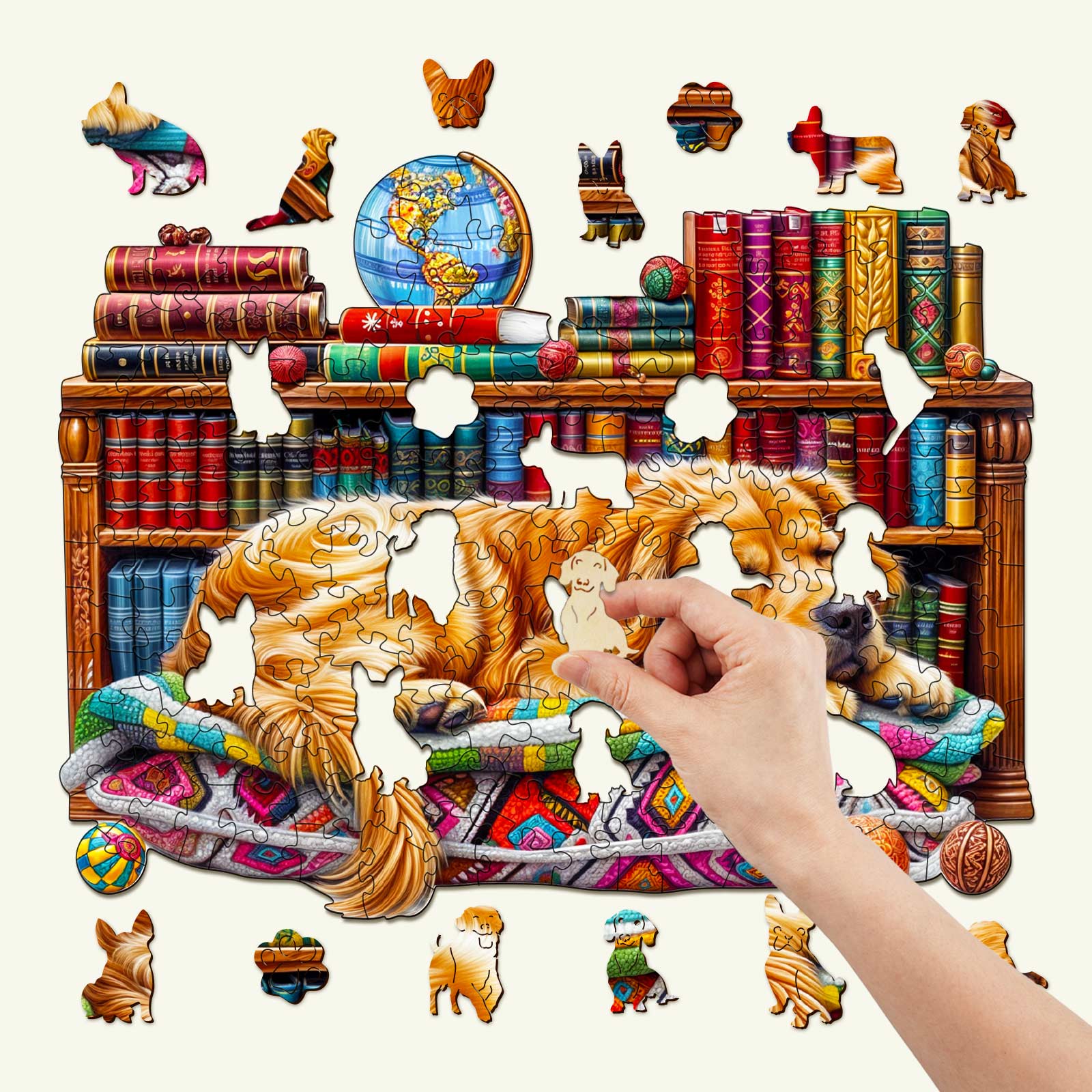 Hand placing a piece in a Sleeping Golden Retriever wooden jigsaw puzzle among vibrant books and playful dog shapes.