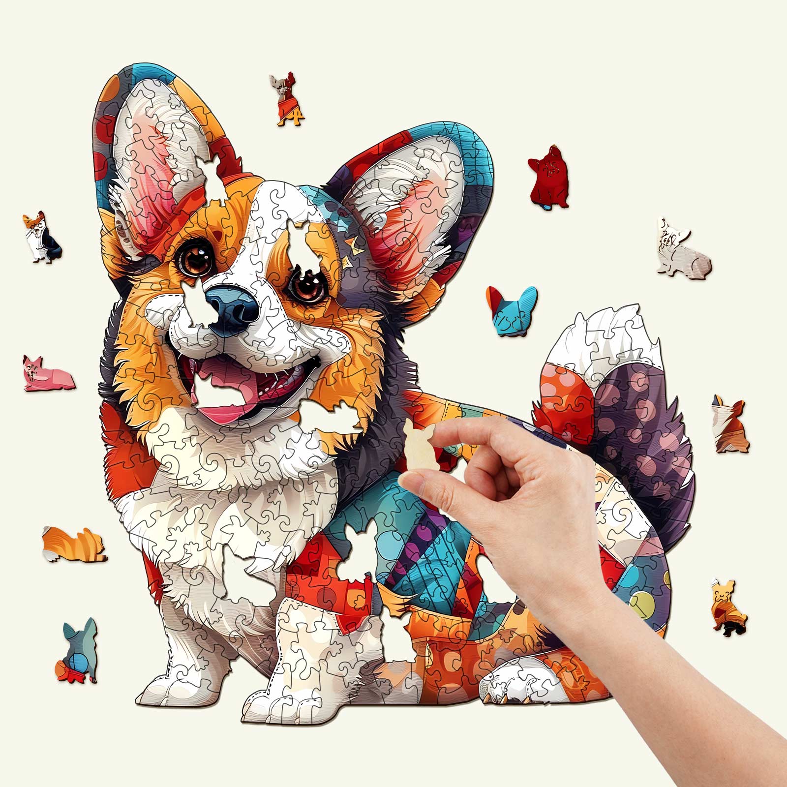 Colorful Patchwork Corgi wooden jigsaw puzzle showcasing a person placing a piece, designed for mindful brain games.