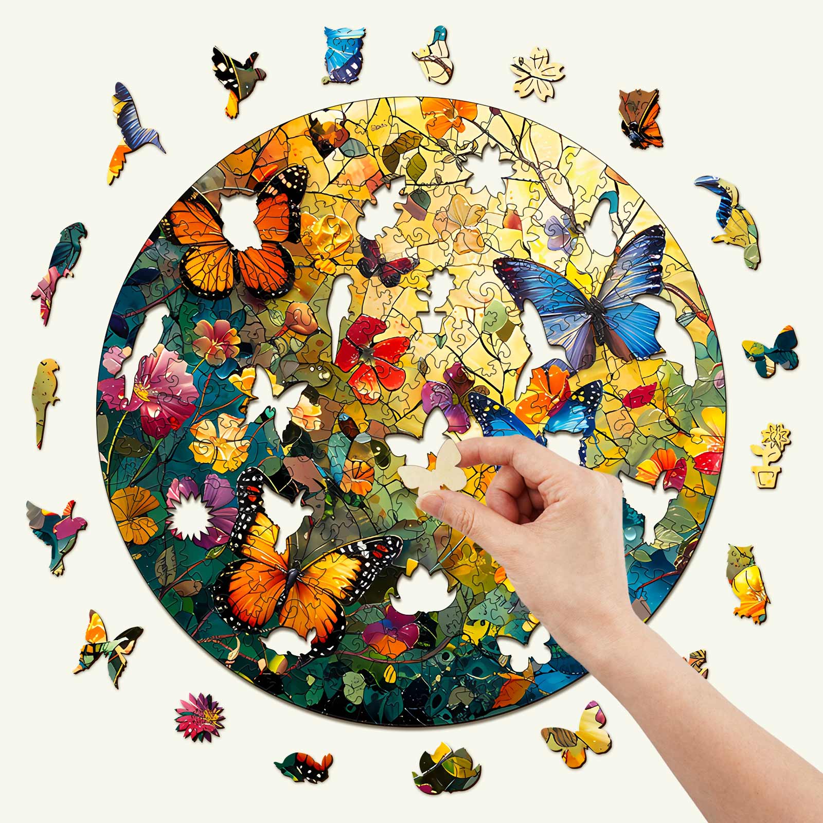 Hand completing a Butterflies and Flowers wooden jigsaw puzzle with colorful pieces surrounded by a circular design.