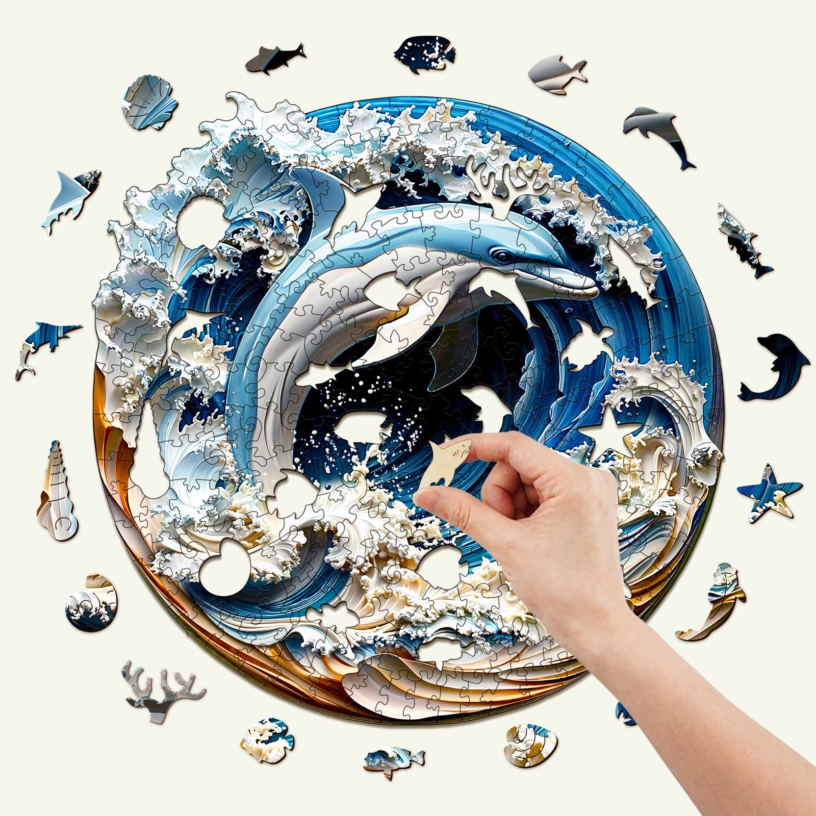Person assembling a colorful 3D Dolphin-1 wooden jigsaw puzzle depicting dolphins and ocean waves.