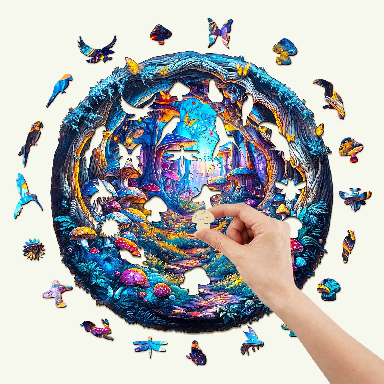 Colorful 3D Magic Mushroom wooden jigsaw puzzle being assembled with a hand placing a piece, featuring intricate woodland design.
