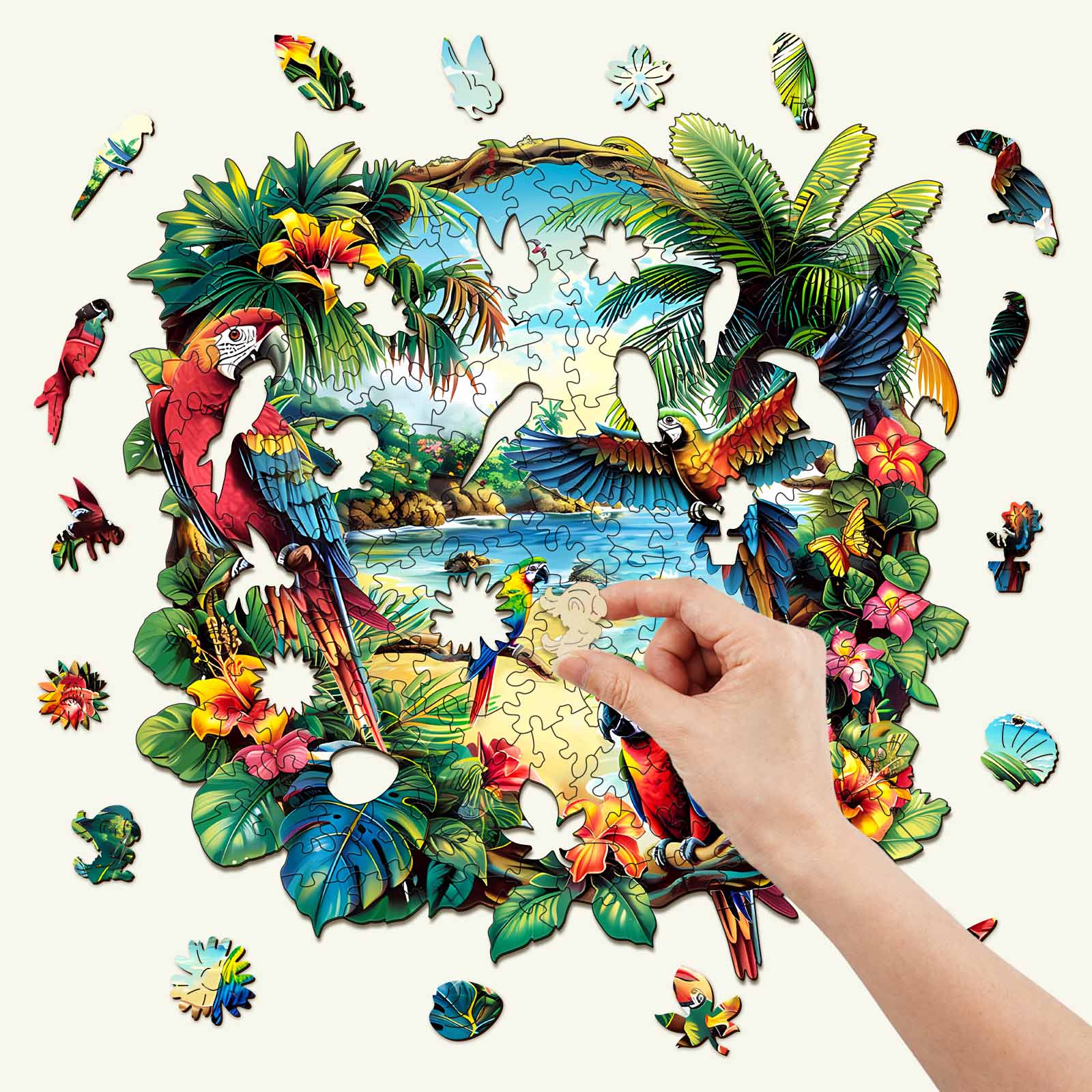 Tropical Parrot wooden jigsaw puzzle with colorful birds and lush foliage, showcasing interactive puzzle solving.
