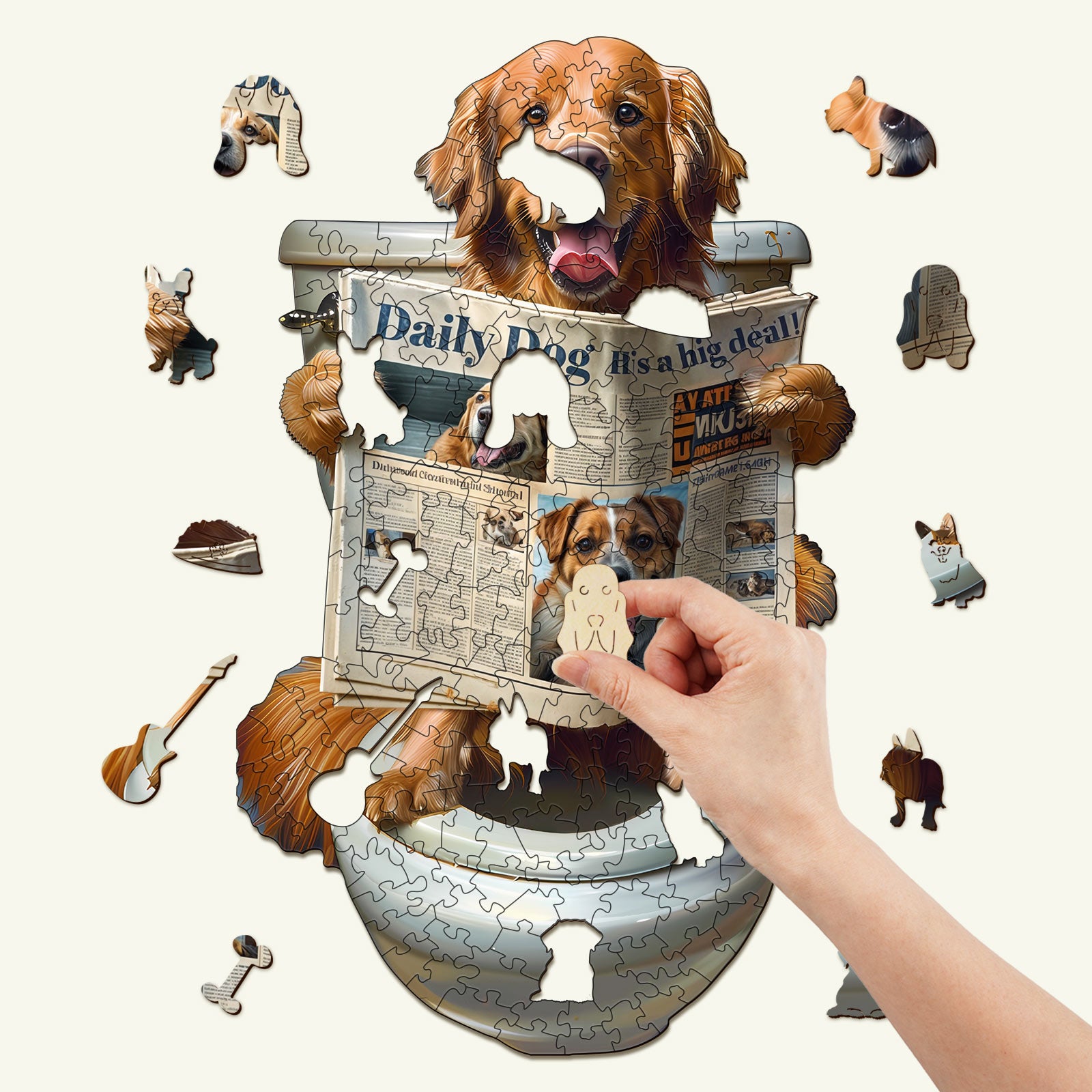 Hand assembling a Leisure Time wooden jigsaw puzzle featuring a golden retriever reading the Daily Dog magazine.