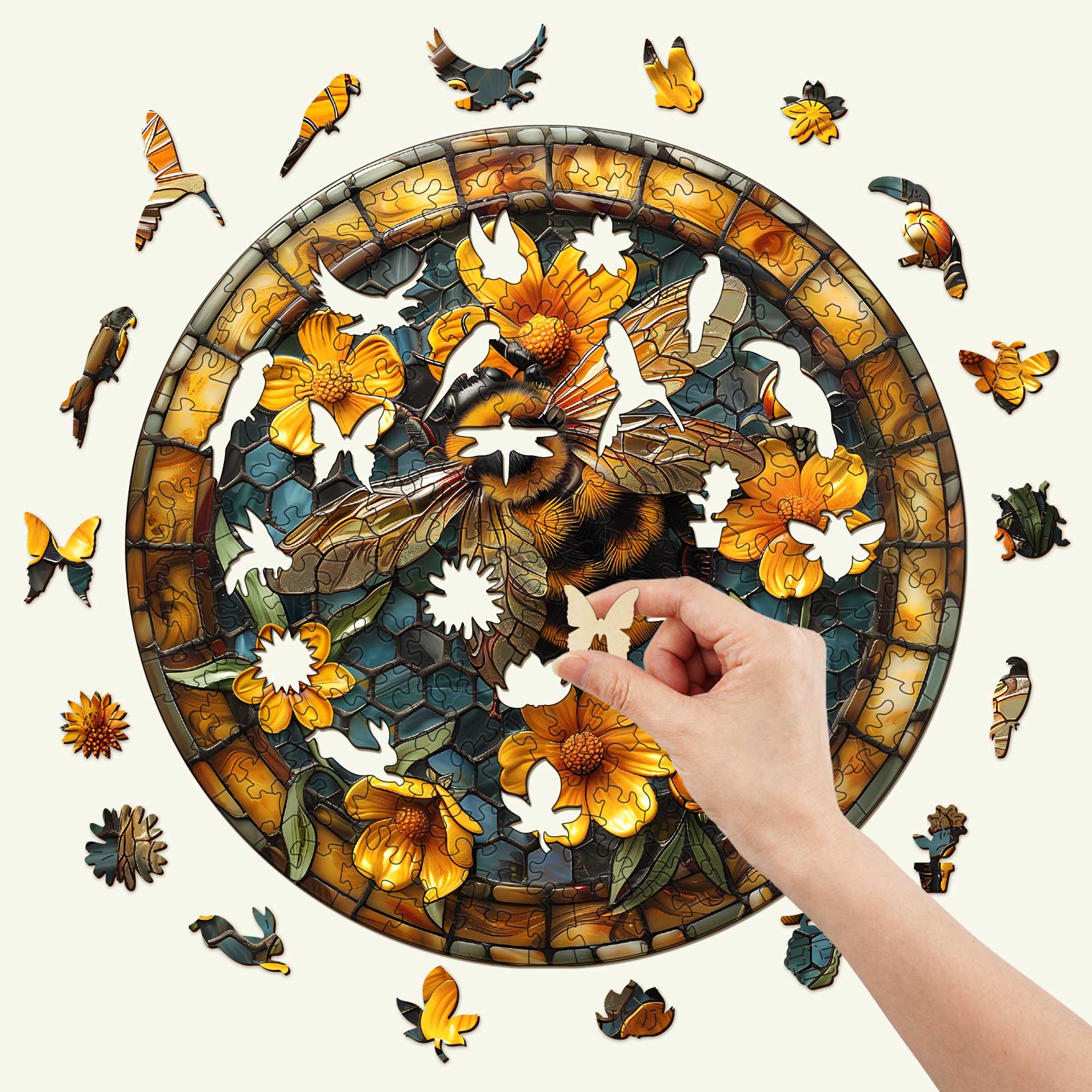 Leisurely Bee wooden jigsaw puzzle featuring colorful bees and flowers, showcasing a hand placing a puzzle piece.