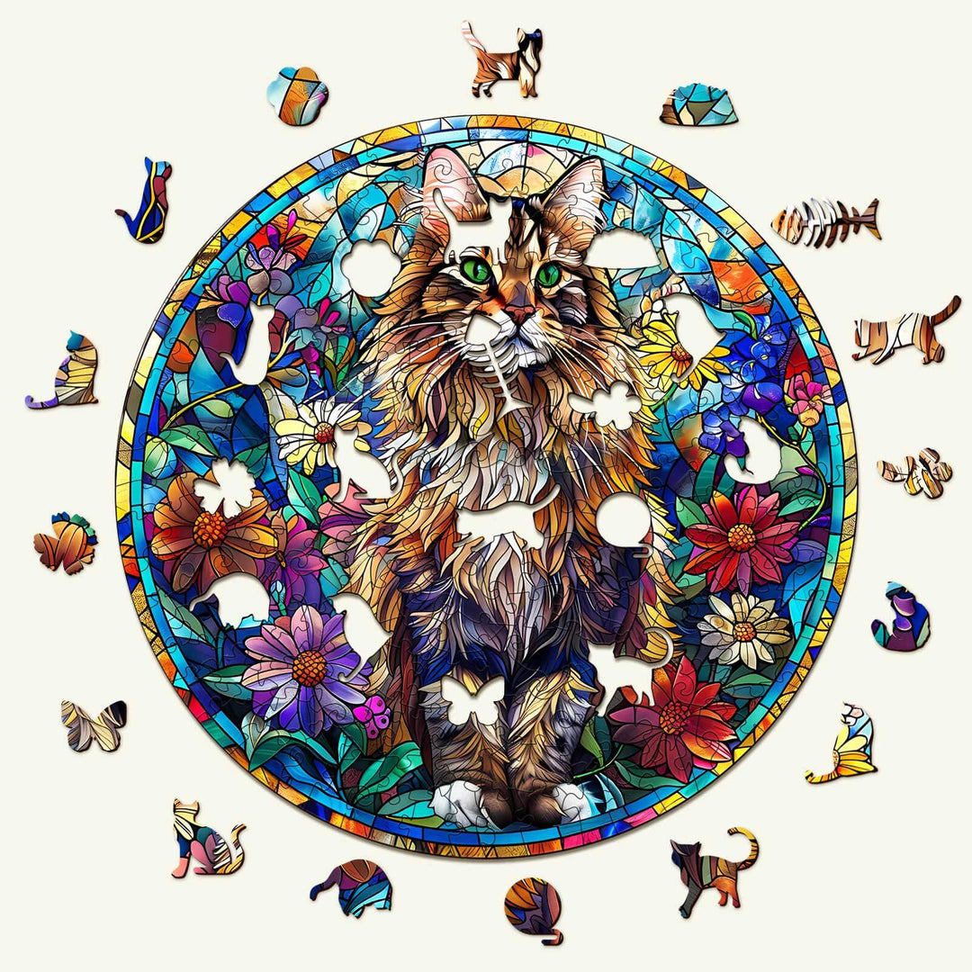 Stained Glass Maine Coon Wooden Jigsaw Puzzle - By Woodbests