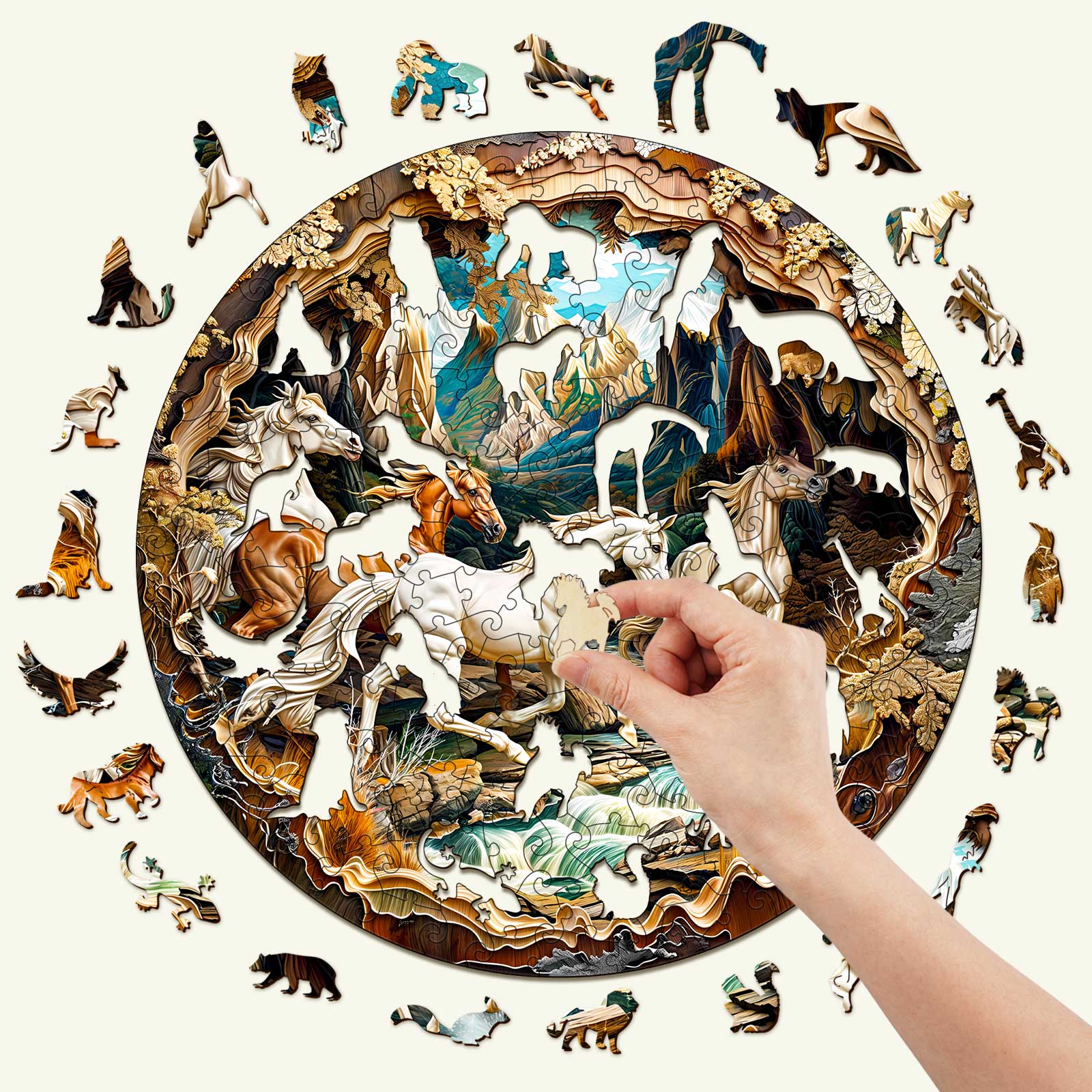 Hand completing a 3D Horse wooden jigsaw puzzle surrounded by colorful animal pieces, perfect for mind games and focus.