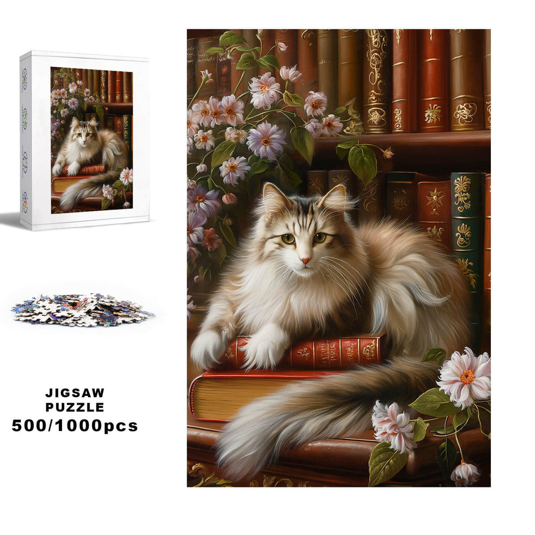 Cat on the Bookshelf 500 / 1000 Piece Puzzle - By Woodbests