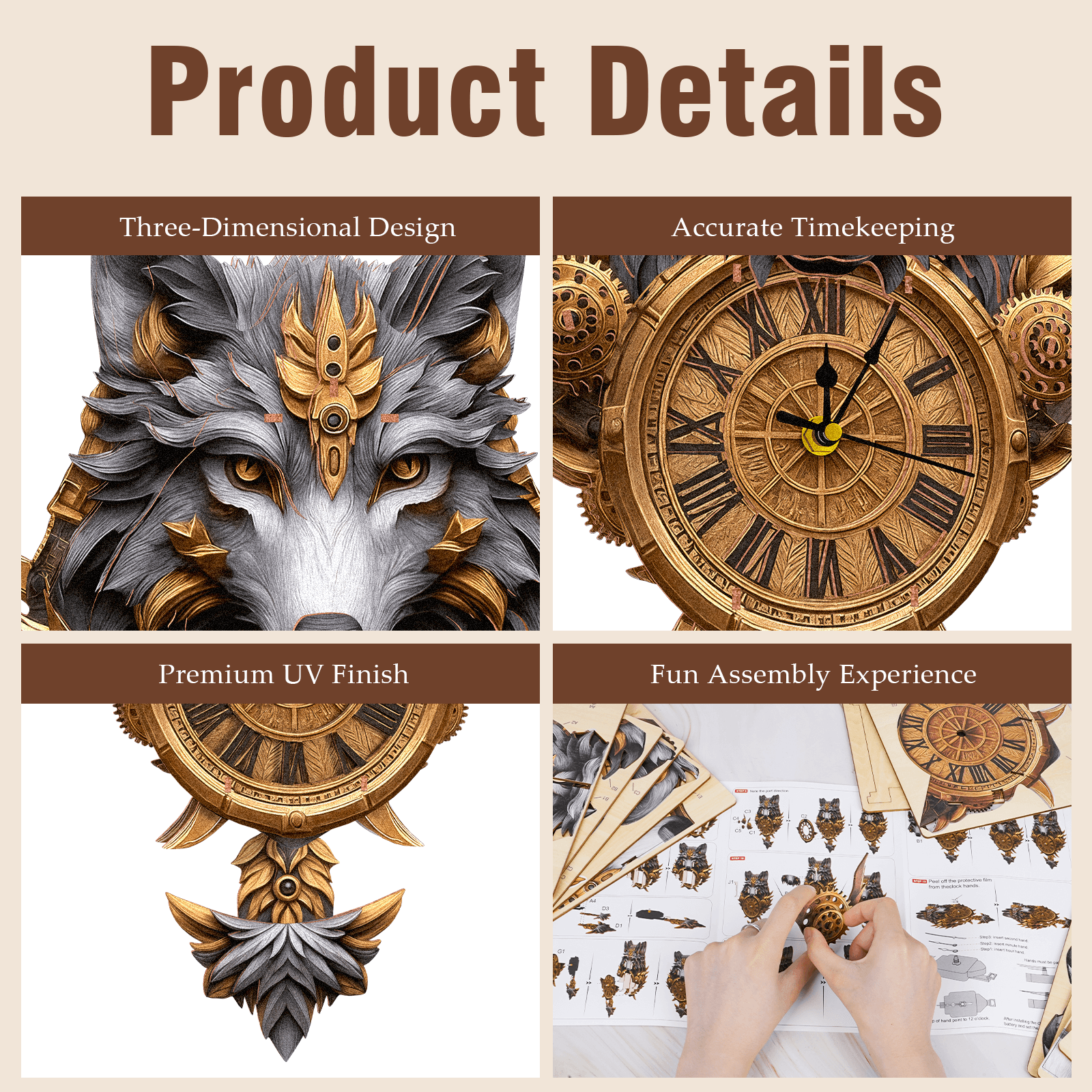 Gray Wolf– DIY Wooden Clock, 3D Puzzle Craft Kit