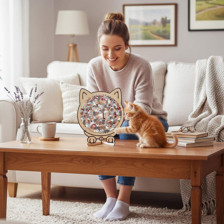Morandi-Colored Cozy Cat Shaped Wooden Jigsaw Puzzle