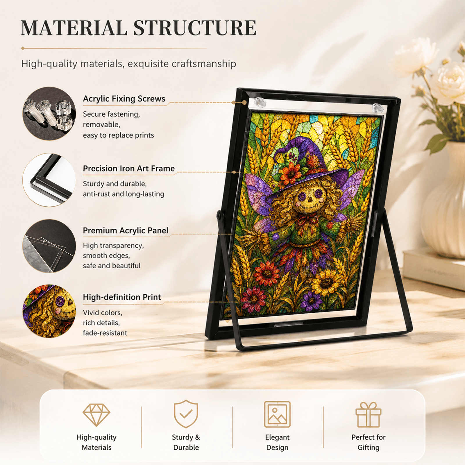 Acrylic Puzzle Art – Whimsical Scarecrow Sunflower Halloween