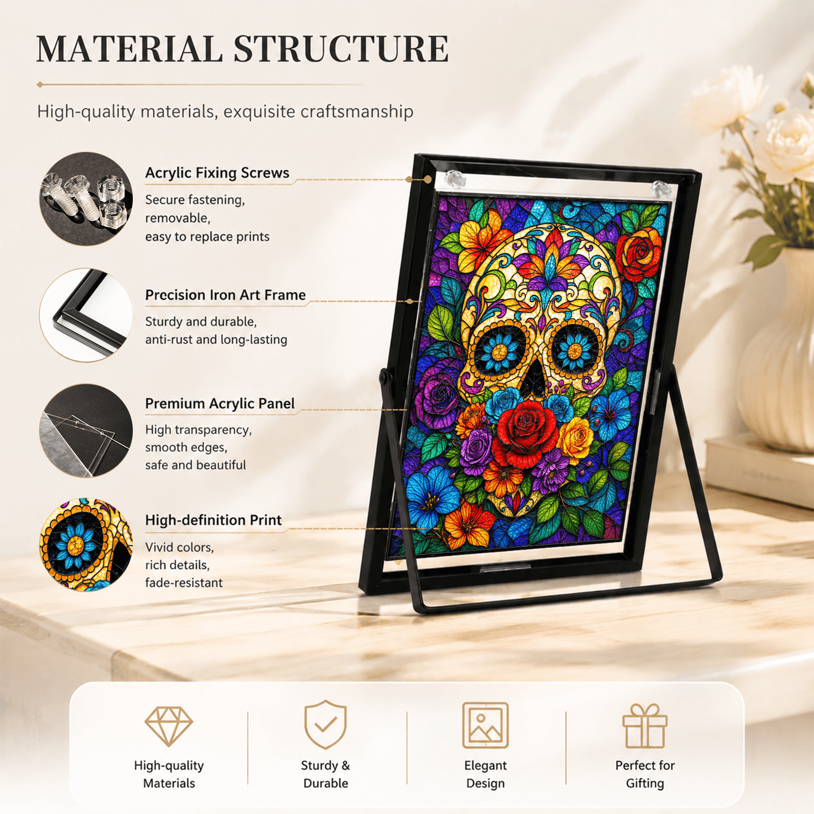 Acrylic Puzzle Art Piece – Colorful Sugar Skull & Floral