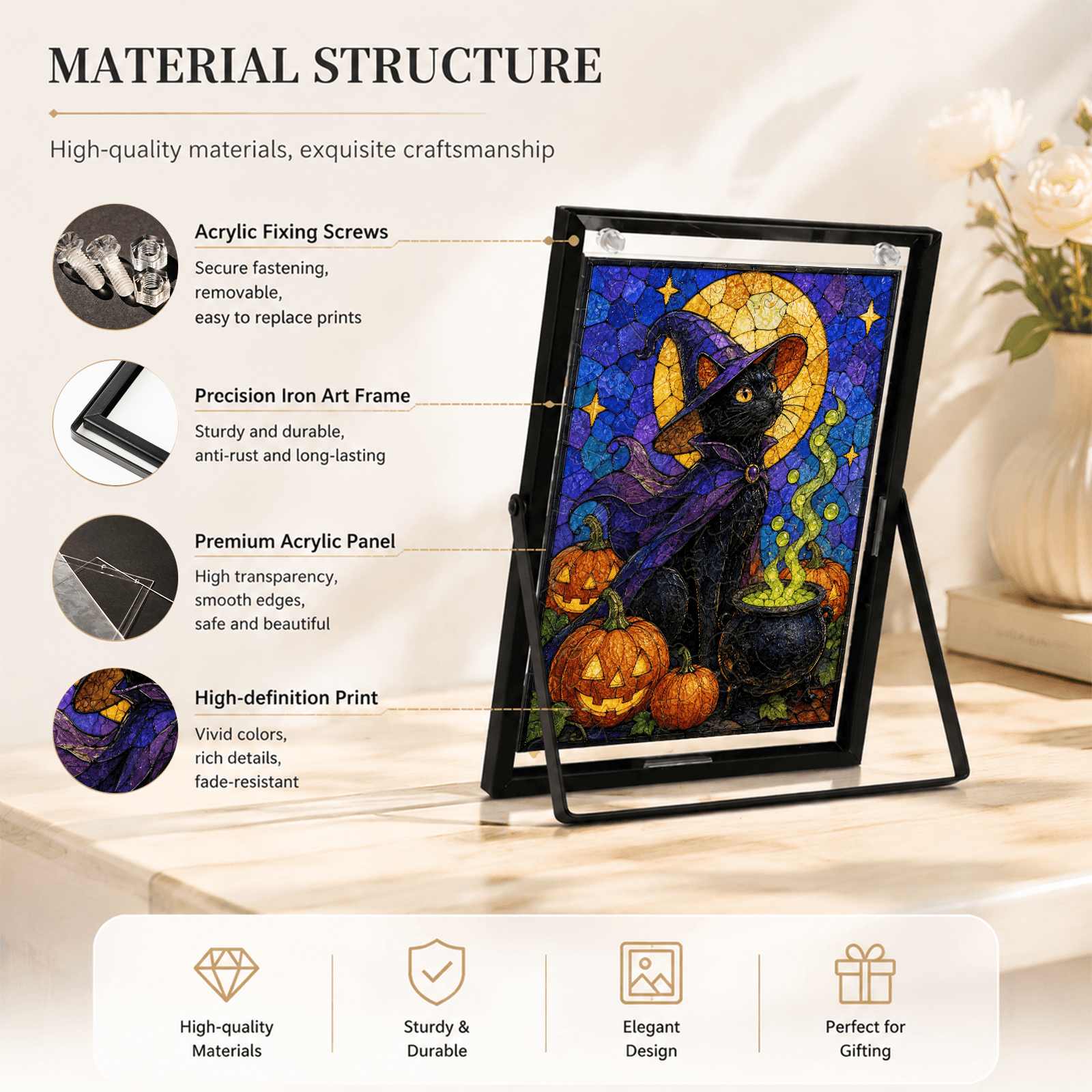 Acrylic Puzzle Art Piece – Halloween Black Cat & Pumpkin