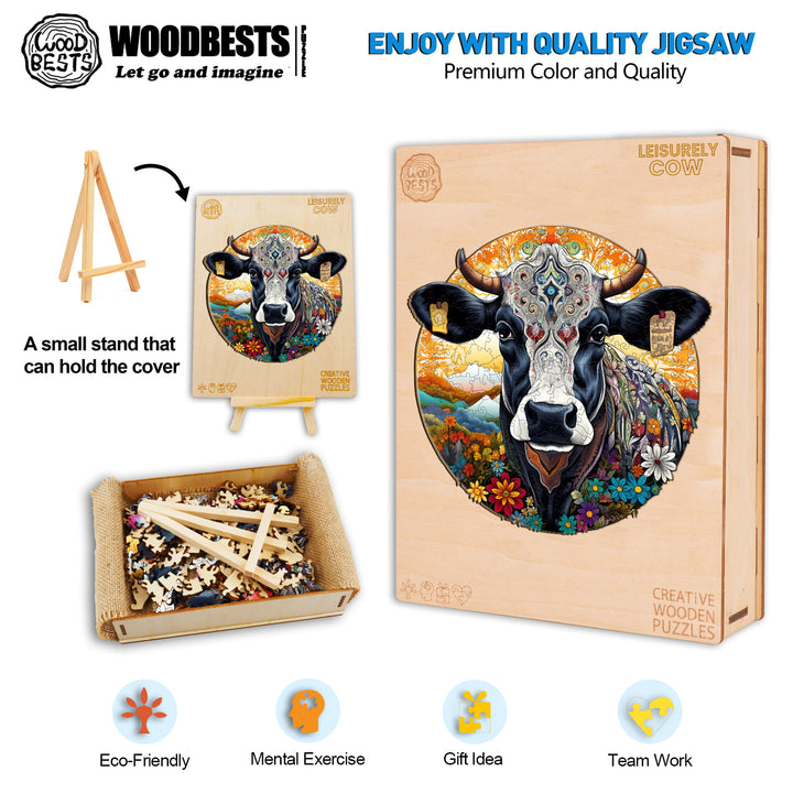 Leisurely Cow Wooden Jigsaw Puzzle-Woodbests