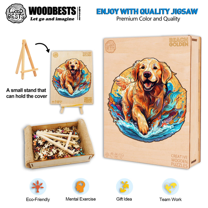 Beach Golden Retriever Wooden Jigsaw Puzzle-Woodbests