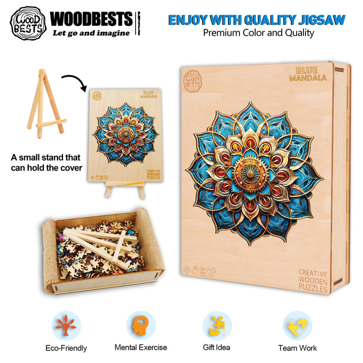 Blue Mandala Wooden Jigsaw Puzzle-Woodbests