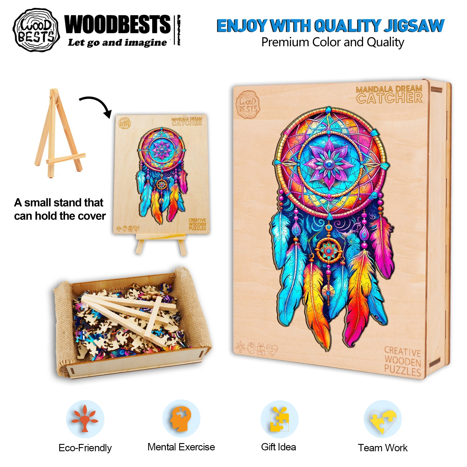 Mandala Dream Catcher Wooden Jigsaw Puzzle in vibrant colors, showcasing eco-friendliness and quality craftsmanship.