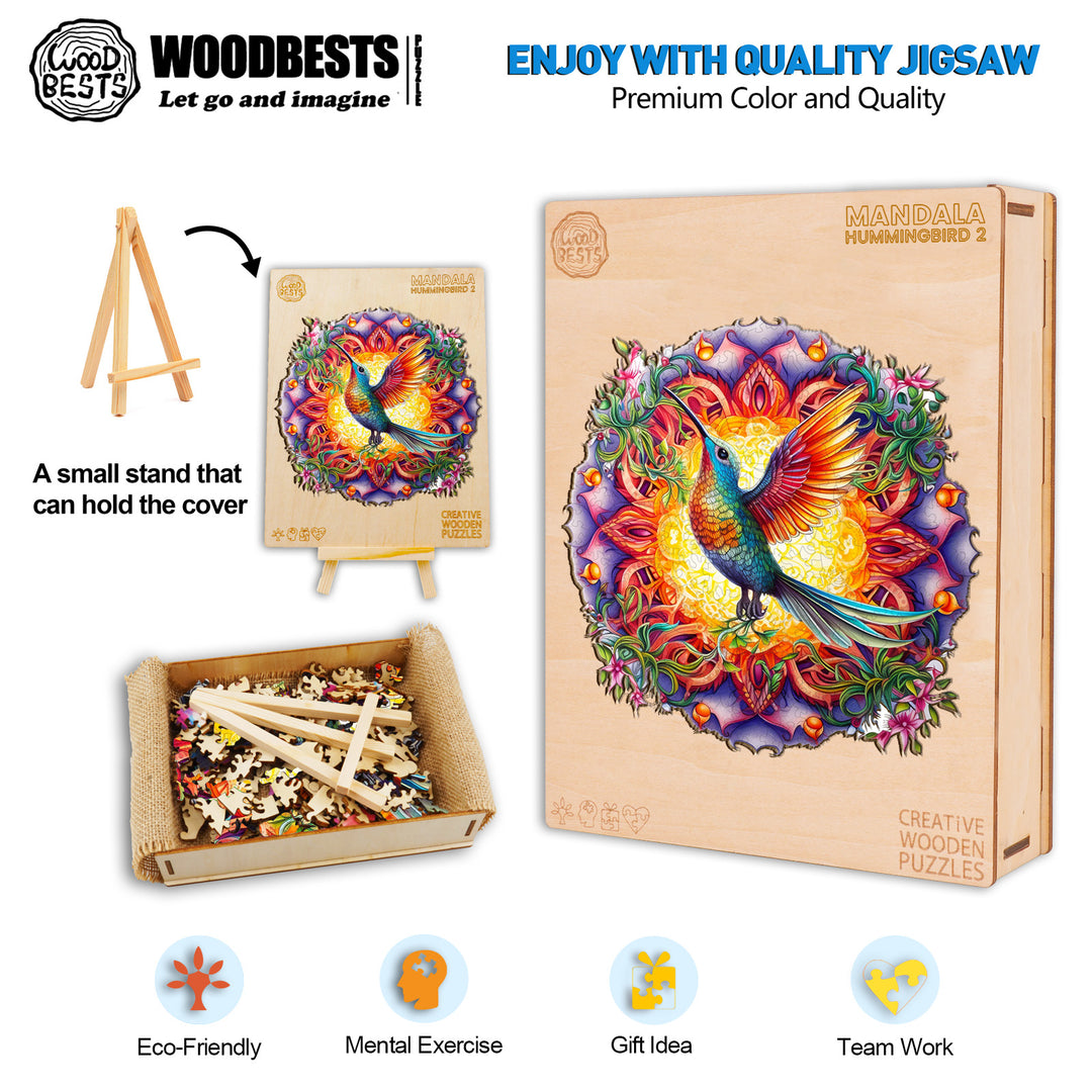 Mandala & Hummingbird 2 Wooden Jigsaw Puzzle-Woodbests