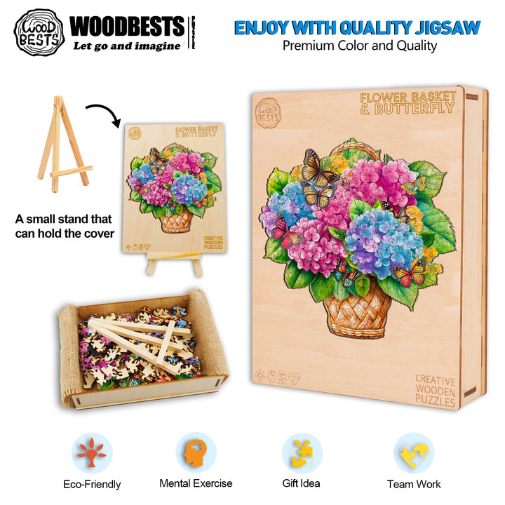 Flower Basket & Butterfly Wooden Jigsaw Puzzle-Woodbests