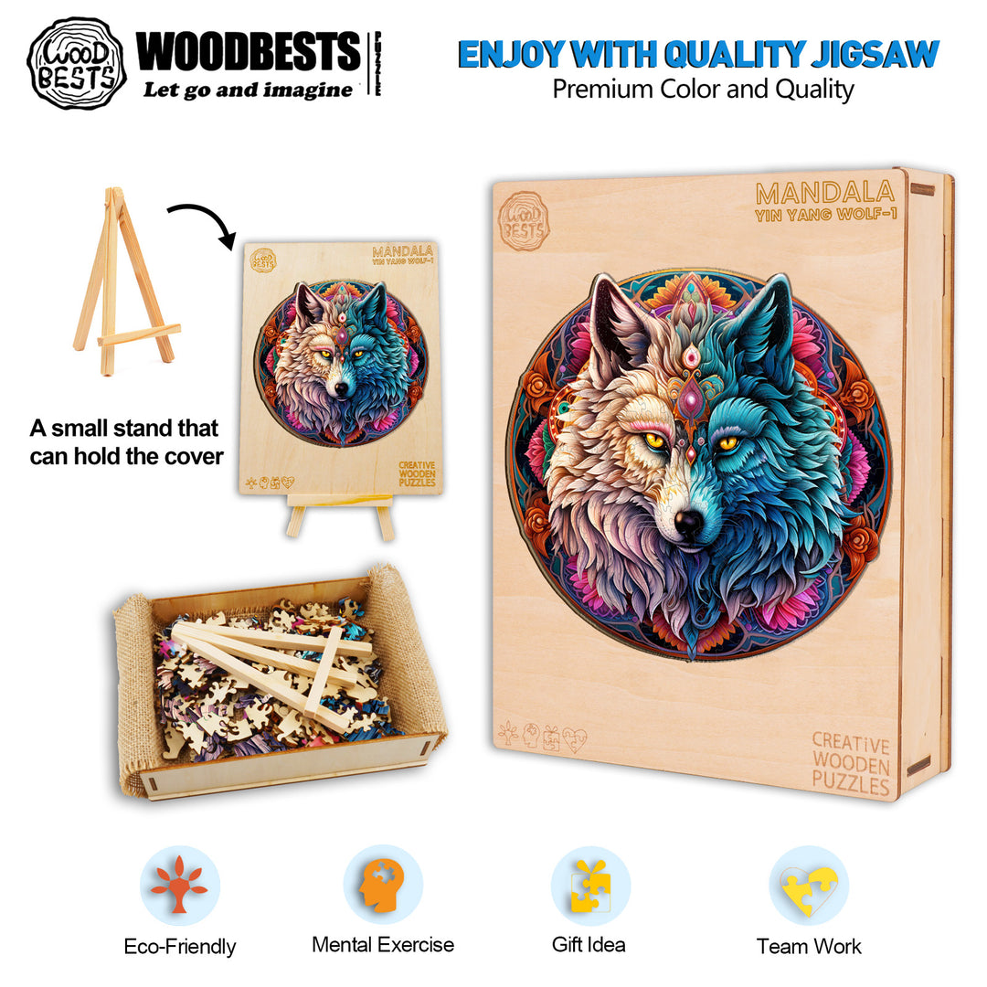 Mandala Yin Yang Wolf-1 Wooden Jigsaw Puzzle-Woodbests