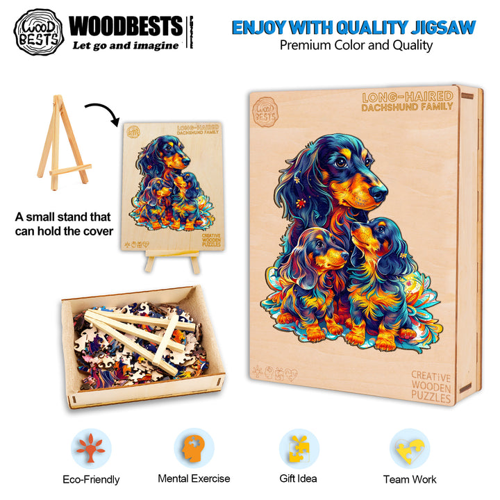 Long-Haired Dachshund Family Wooden Jigsaw Puzzle-Woodbests