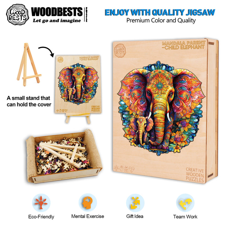Mandala Parent-Child Elephant Wooden Jigsaw Puzzle-Woodbests