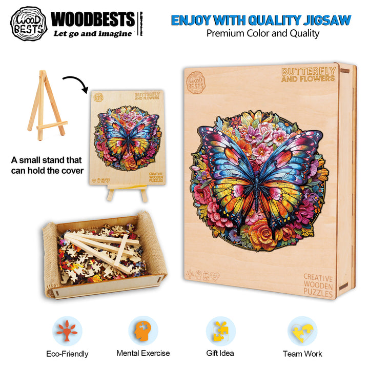 Butterfly And Flowers Wooden Jigsaw Puzzle-Woodbests