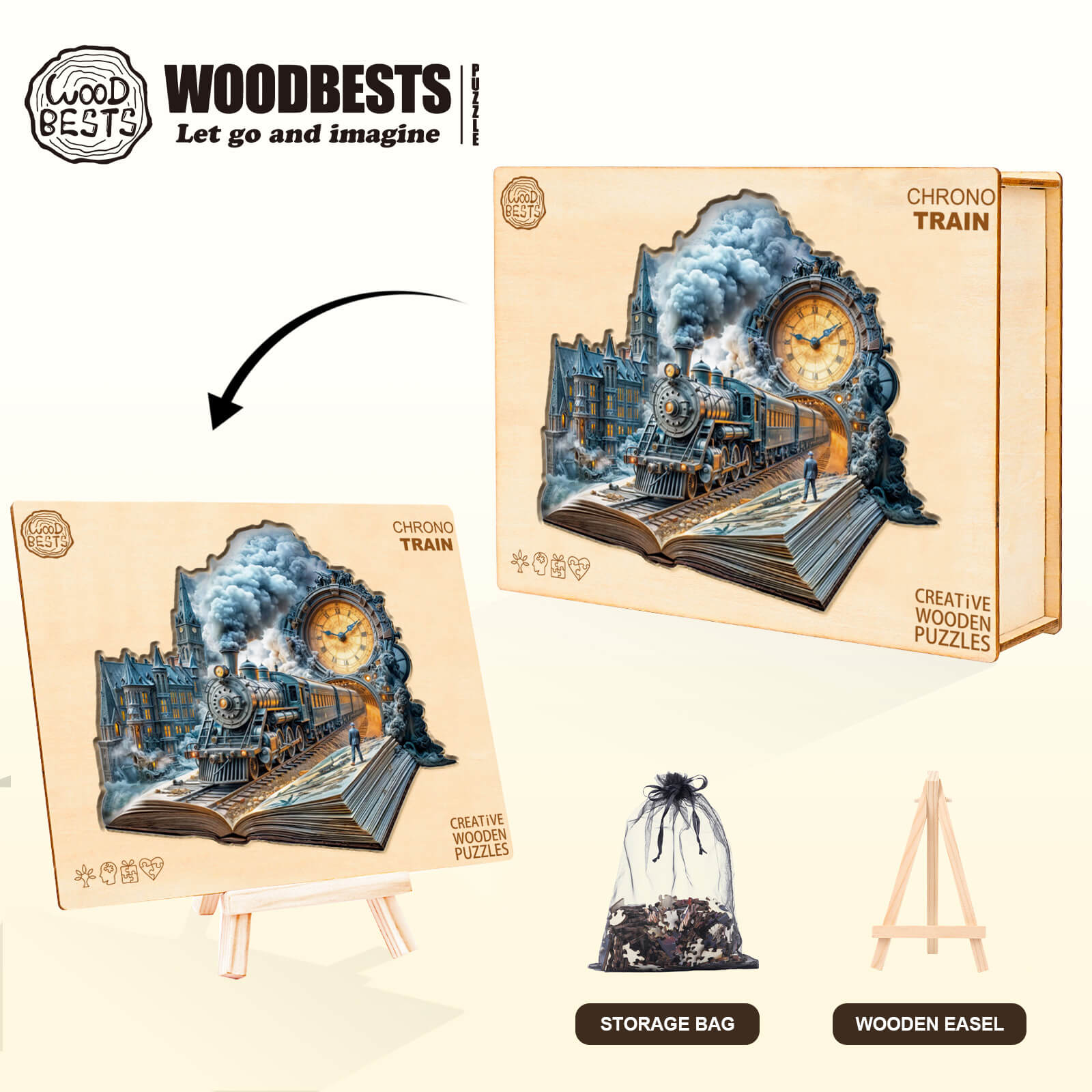 Chrono Train wooden jigsaw puzzle box featuring a train with clock design, storage bag, and easel.