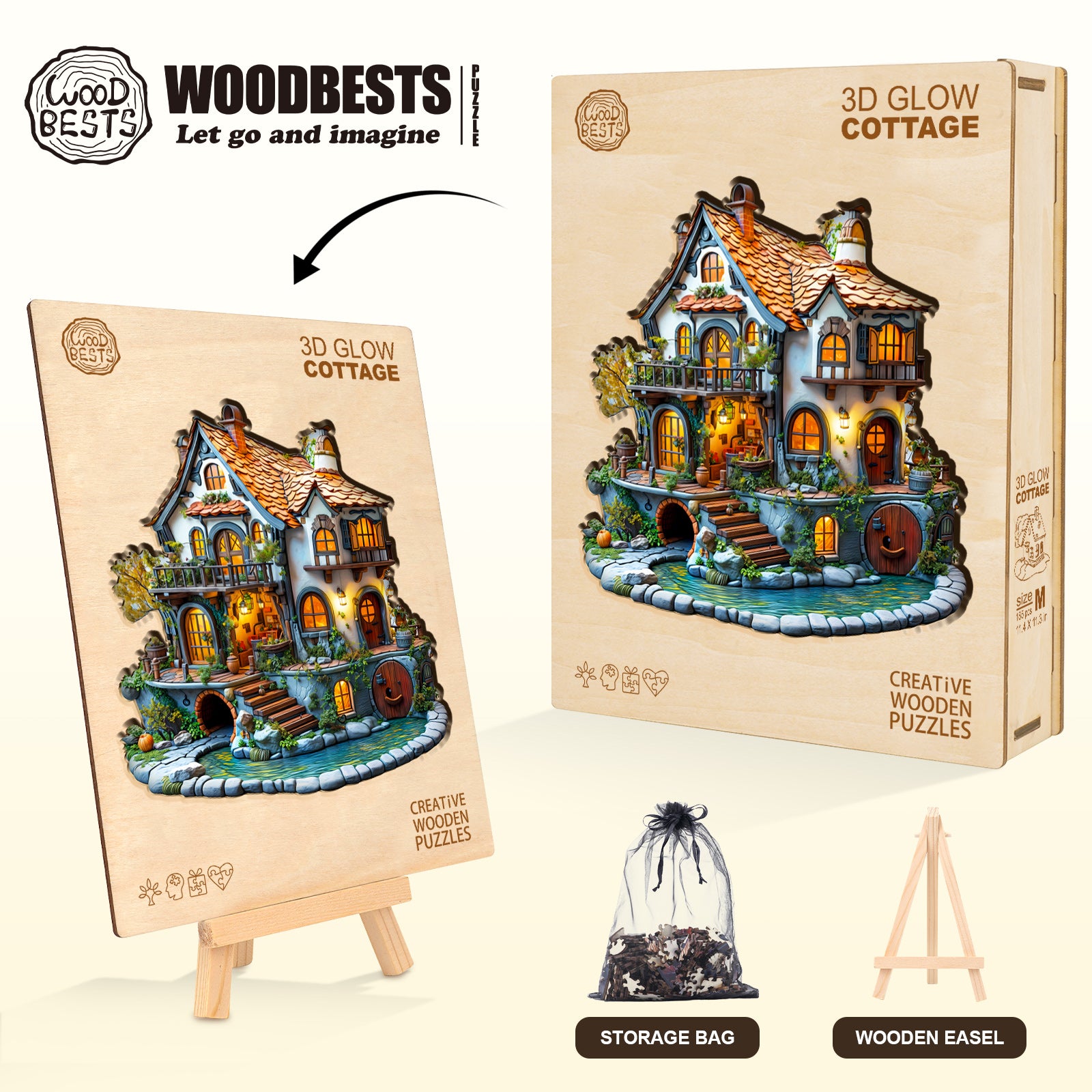 3D Glow Cottage wooden jigsaw puzzle with storage bag and easel, designed for focused puzzle solving and creativity.