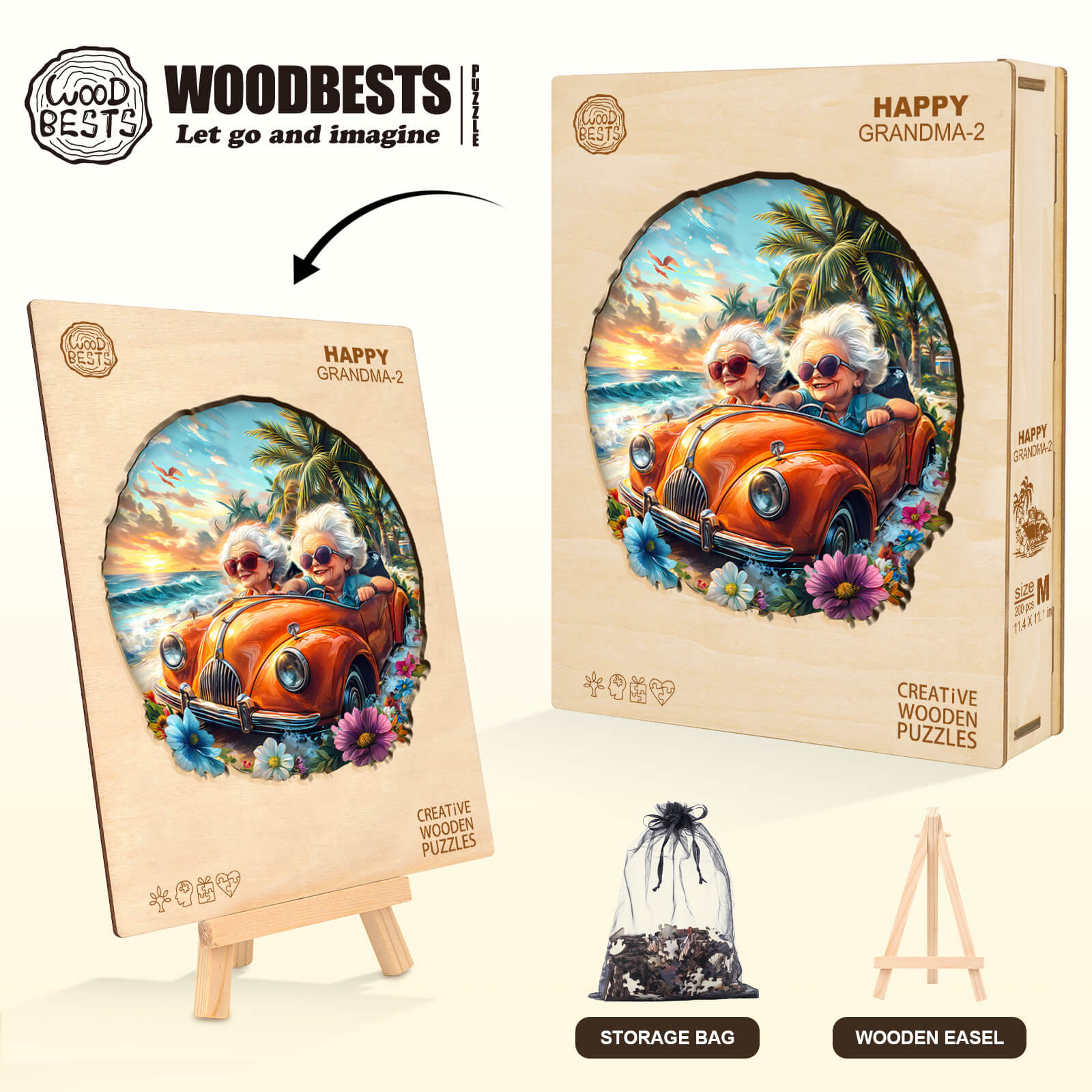 Happy Grandma-2 wooden jigsaw puzzle featuring two grandmas in a vintage car, promoting focus and mental skills.