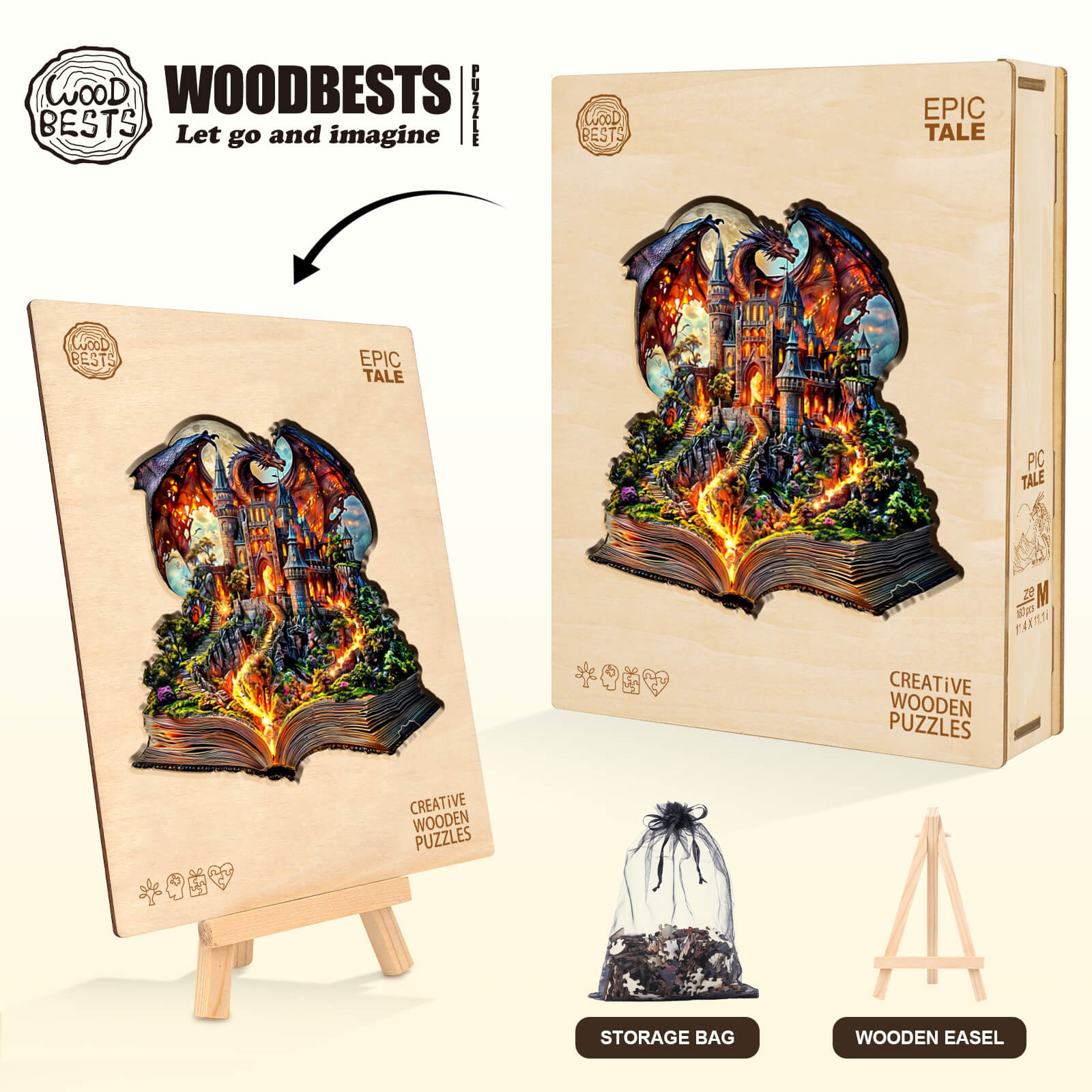 Epic Tale Wooden Jigsaw Puzzle box with dragon and castle design, displayed on an easel beside a storage bag.