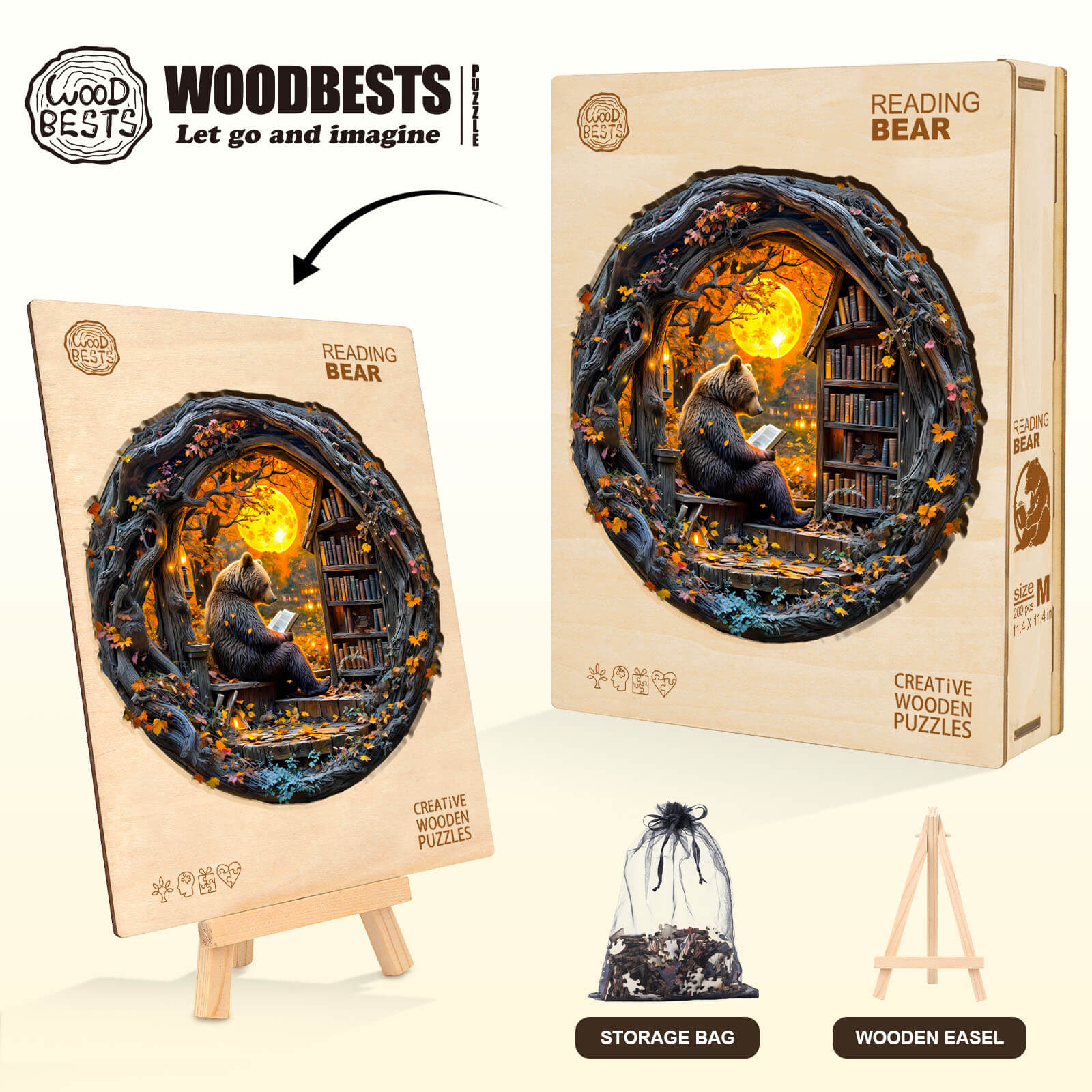 Reading Bear Wooden Jigsaw Puzzle with colorful design, storage bag, and wooden easel, perfect for brain games and focus.