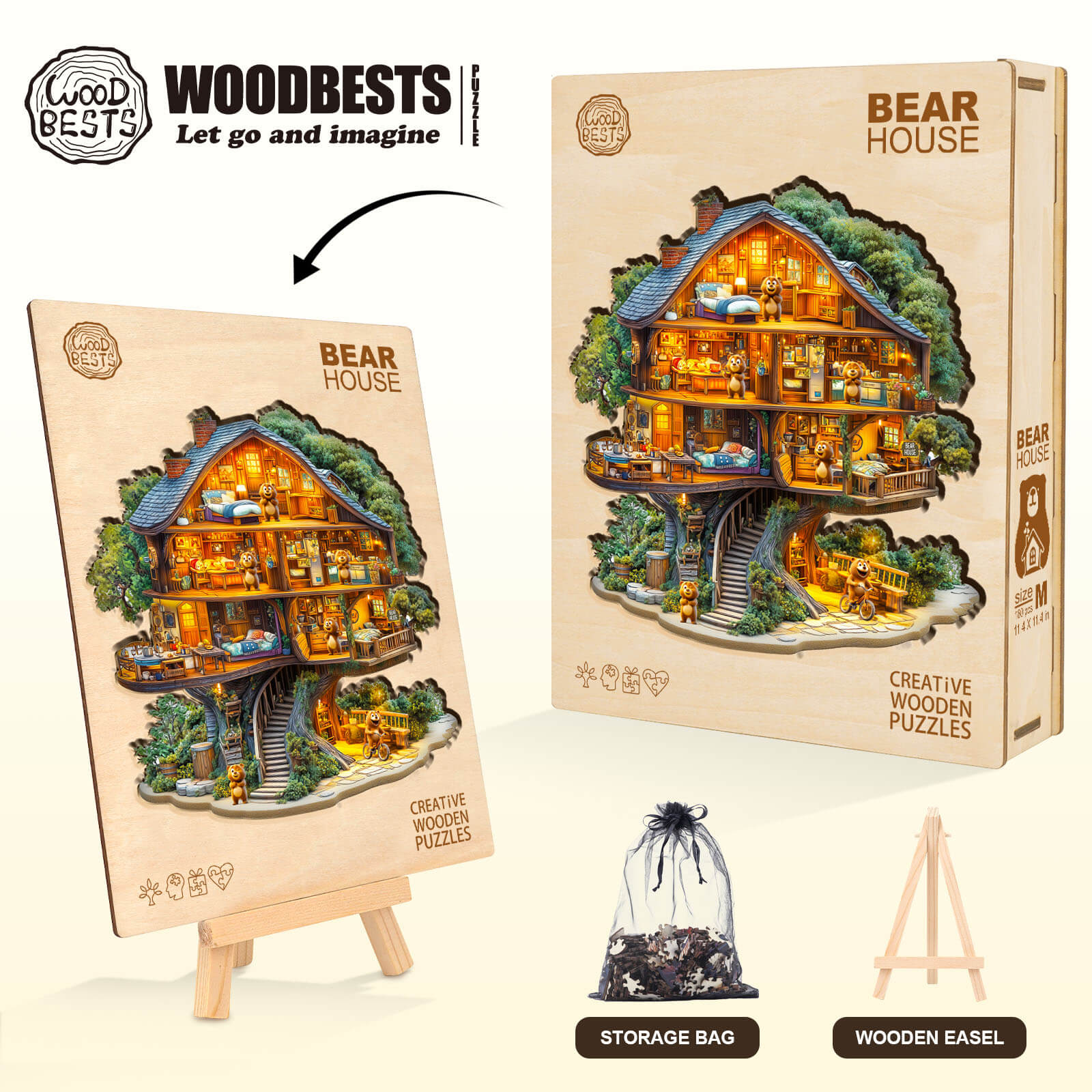 Bear House wooden jigsaw puzzle with storage bag and easel, designed for enhancing focus and mental skills.