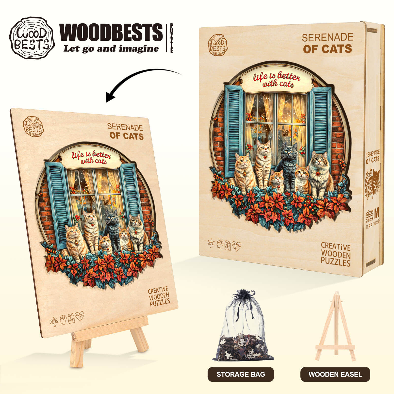 Serenade of Cats wooden jigsaw puzzle packaging with storage bag and easel, perfect for focused mind games.