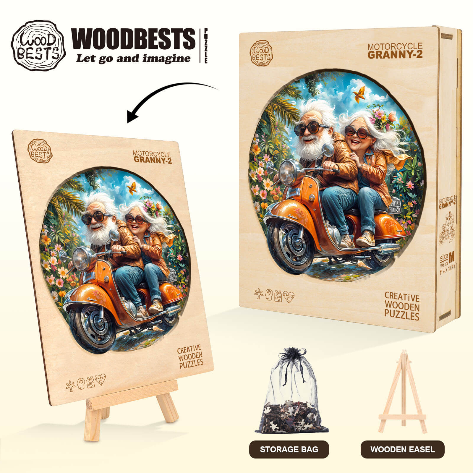 Motorcycle Granny-2 wooden jigsaw puzzle featuring elderly couple on a scooter, ideal for mind games and focus.
