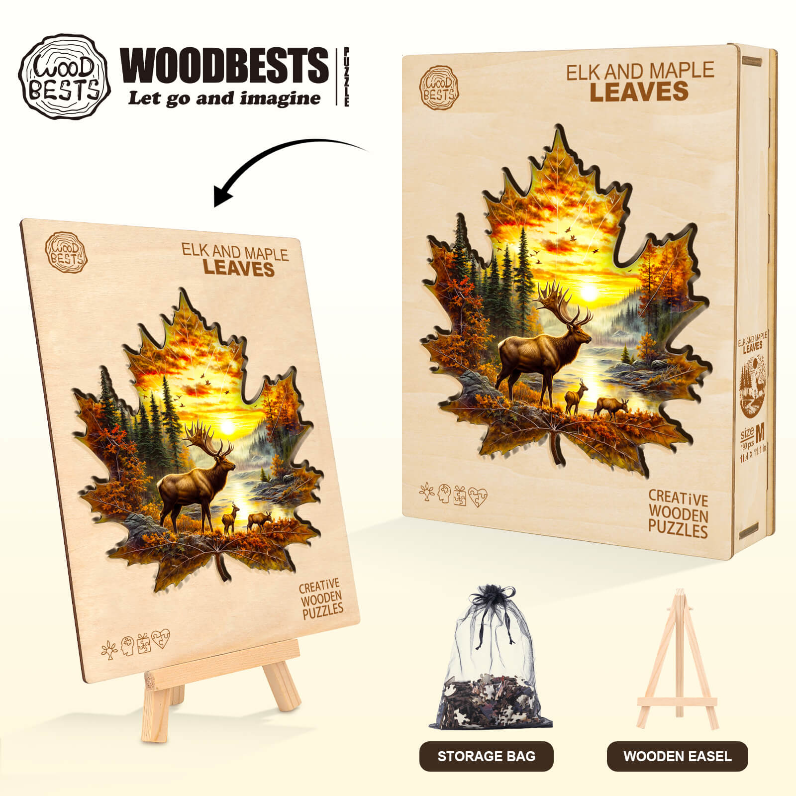 Elk and maple leaves Wooden Jigsaw Puzzle