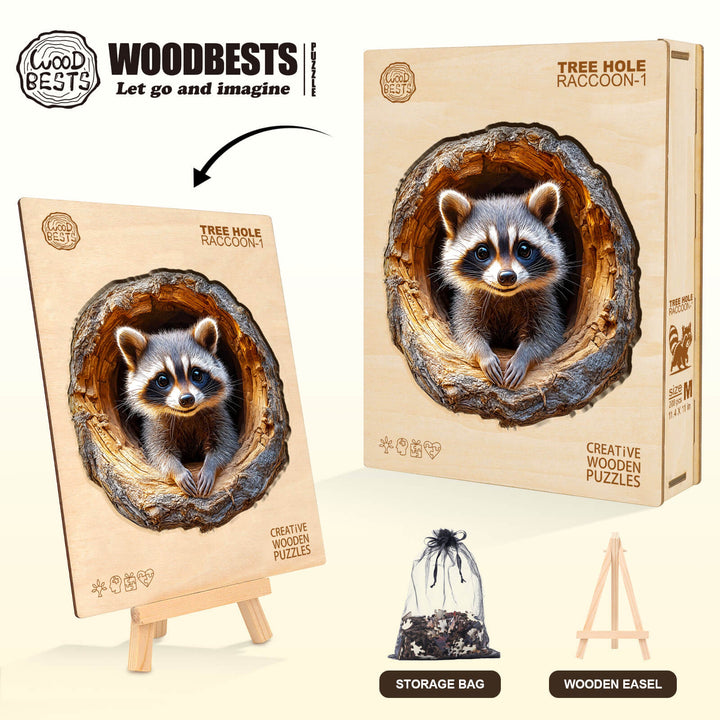 3D Tree Hole Raccoon-1 Wooden Jigsaw Puzzle