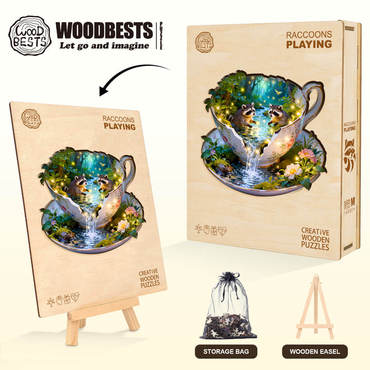 Raccoons Playing Wooden Jigsaw Puzzle