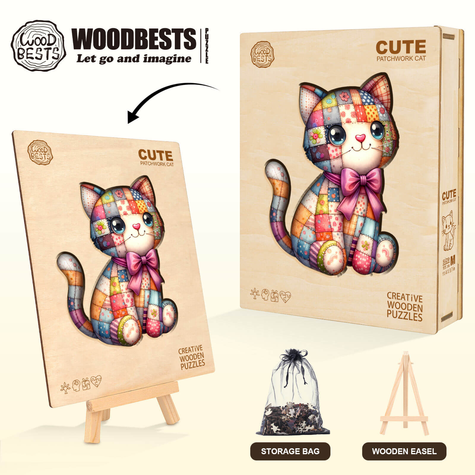 Cute Patchwork Cat Wooden Jigsaw Puzzle