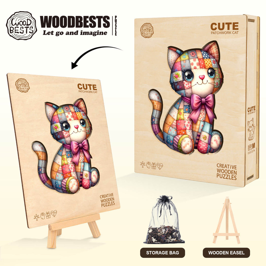 Cute Patchwork Cat Wooden Jigsaw Puzzle